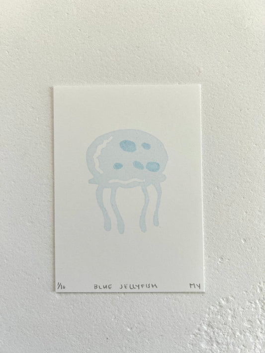 Linocut - Blue Jellyfish Mini Print